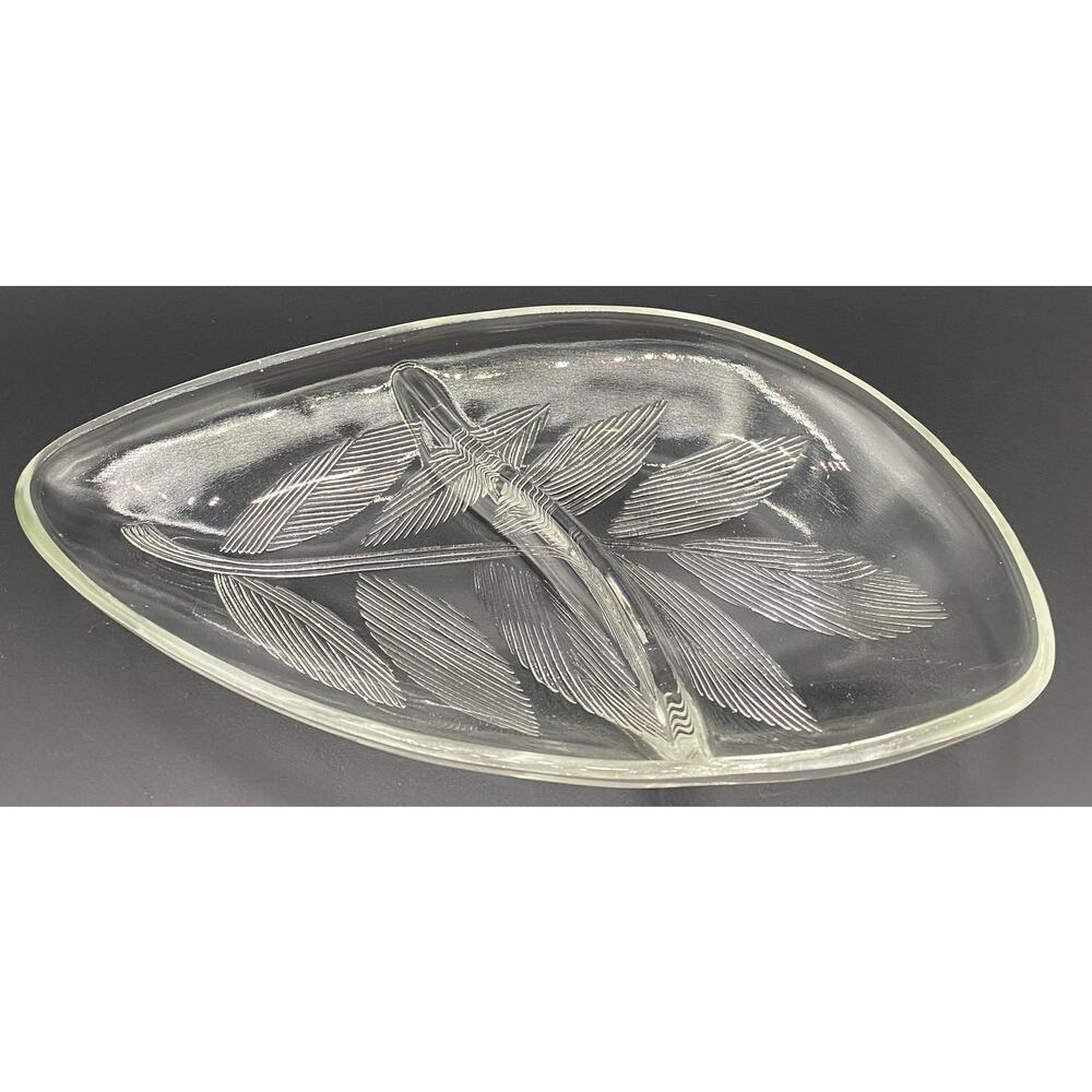 Vintage MCM Clear Glass Divided Relish Dish Tray Raised Leaf textured Candy